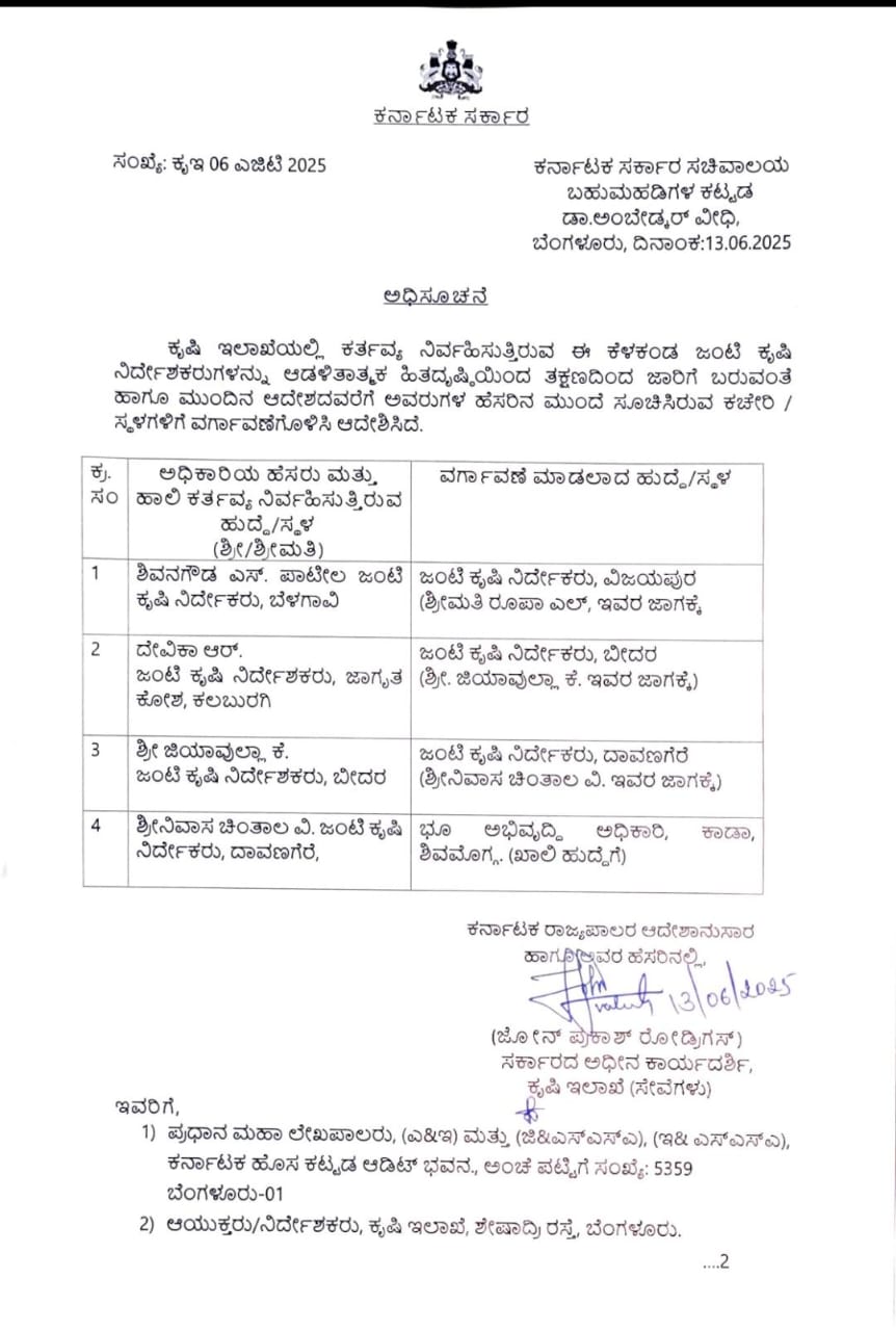 Joint director of agriculture officers transfer