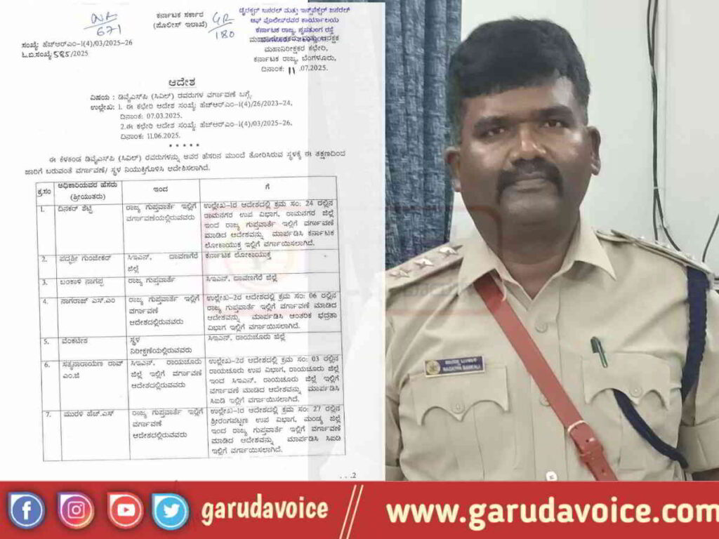 CEN DYSP_ Bankali Nagappa transferred to Davanagere CEN police station, Padmashri Gunjeekar to Lokayukta department